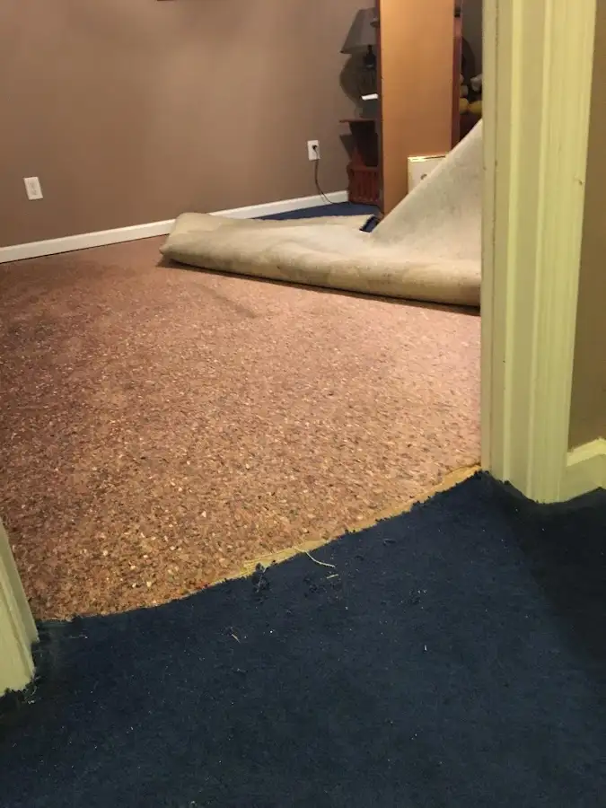 Carpet pad removal revealing water damage during Drying & Dehumidification in North Lakes